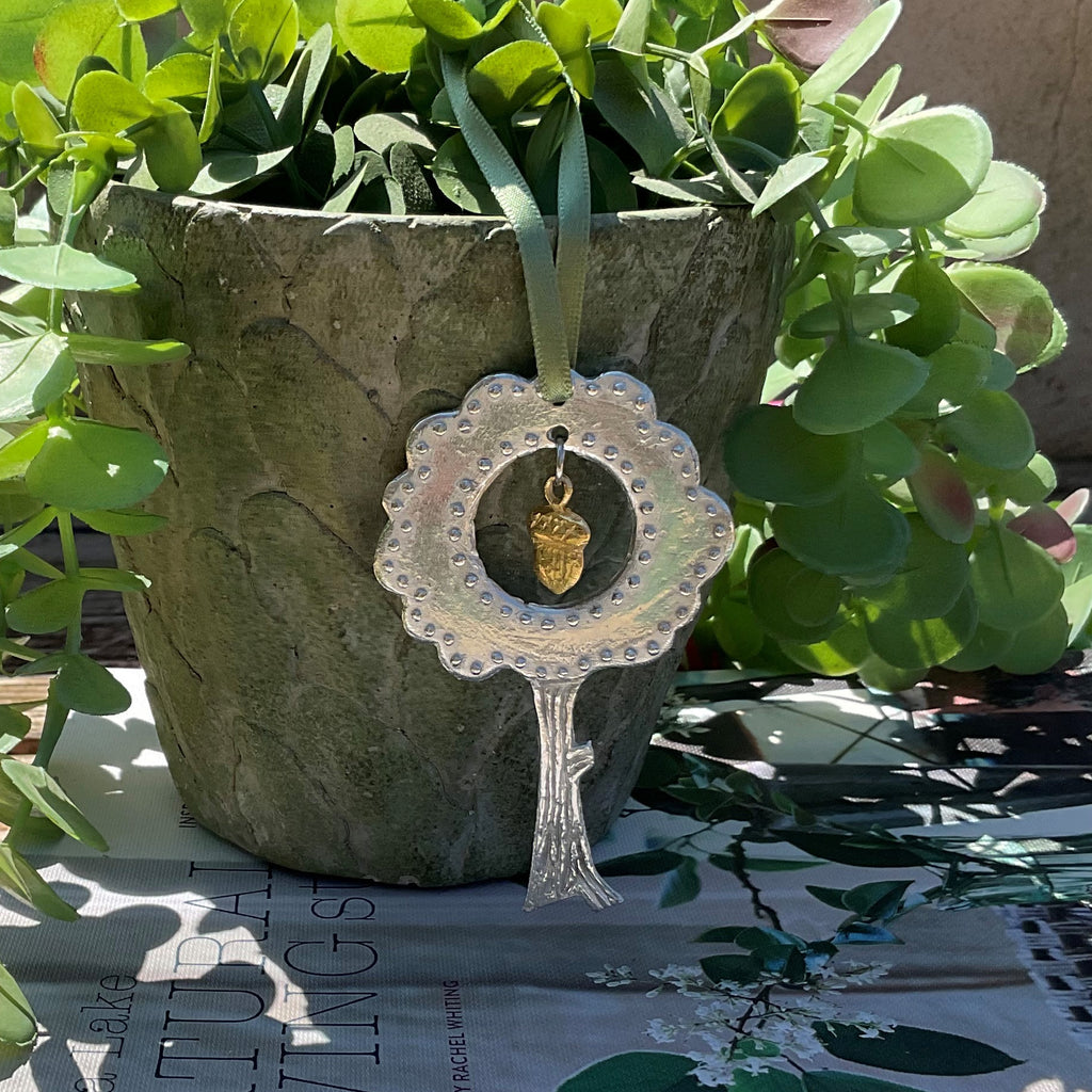 Pewter Hanging Tree with Golden Acorn