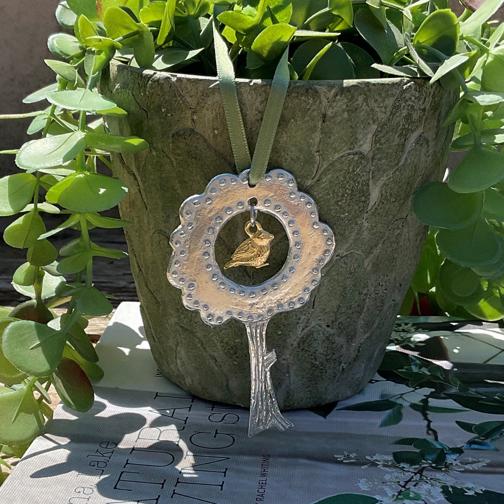 Pewter Hanging Tree with Golden Bird
